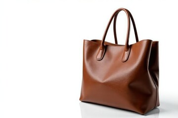 Fototapeta premium Brown leather tote bag isolated on white background, studio shot, accessories