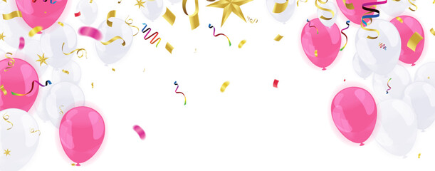 Happy birthday vector illustration. Confetti and ribbons White and pink balloons, confetti, design template for birthday celebration. art