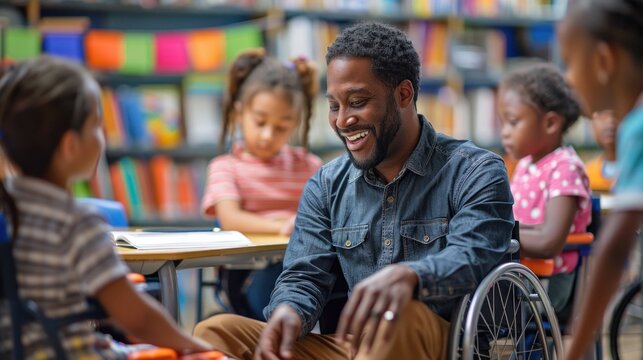 Teacher interacting with diverse students in a classroom
