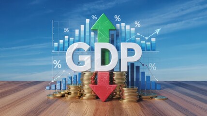 Composite graphic displaying GDP with upward and downward trends.
