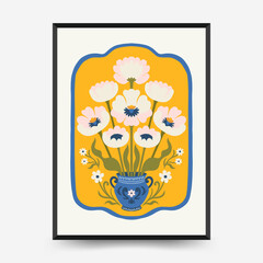 Abstract floral posters template. Modern trendy Matisse minimal style. Pink and blue colors. Hand drawn design for wallpaper, wall decor, print, postcard, cover, template, banner.