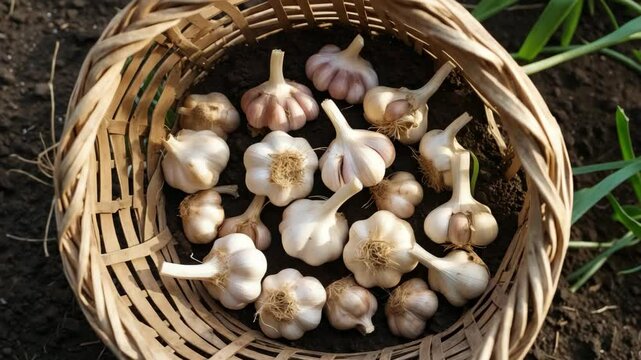 Basket on the ground filled with garlic cloves for planting. Cultivating garlic in the garden.