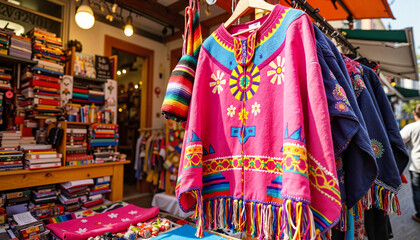 Fototapeta premium Vibrant poncho showcasing cultural expression in market alley, Cinco de Mayo