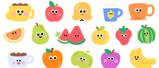 Cute Cartoon Fruits and Drinks Illustrations A Collection of Happy Food Characters