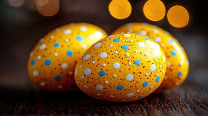 Obraz premium Three patterned eggs sit atop dark wood surface