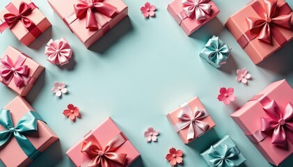 Elegant gift boxes, ribbons, bows, repeating pattern, green, present, festive