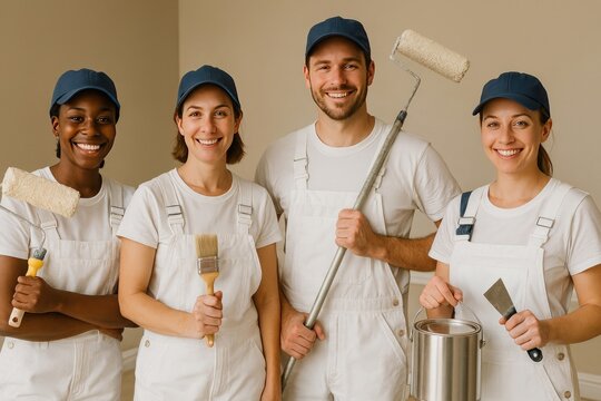 Smiling painters holding painting tools.