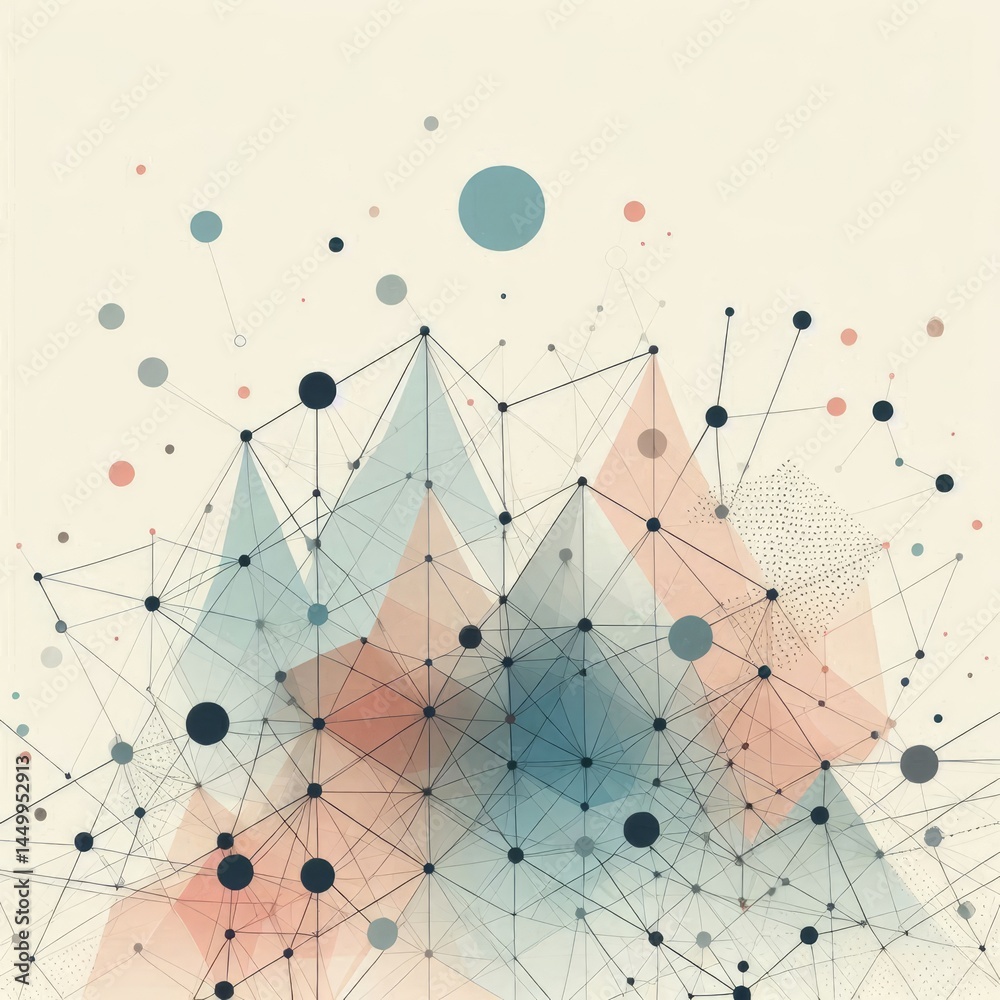 Poster illustration of an abstract network or web of interconnected geometric shapes in a range of muted co
