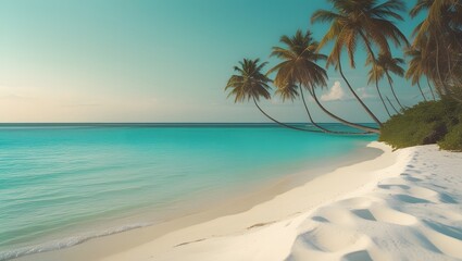 Fototapeta premium Tropical Beach with Palm Trees and Turquoise Ocean Water.