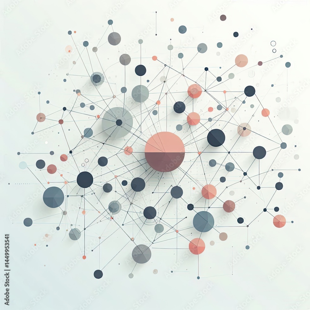 Poster illustration of an abstract network or web of interconnected geometric shapes in a range of muted co