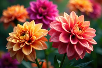 Intricate dahlia blooms, vibrant colors, close-up view, botanical, textile, blossom