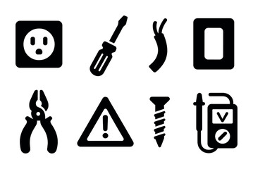 Electrical tools solid icons set – silhouette, equipment, hardware symbols for diy projects