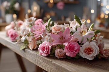 A rustic wooden table adorned with a delicate floral arrangement of roses, lilies, and peonies for a Mothera??s Day brunch setting, with soft lighting and a warm, inviting atmosphere.