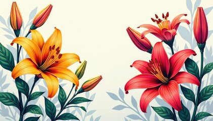 Intricate line art lilies & buds, geometric arrangement, wallpaper, print, texture