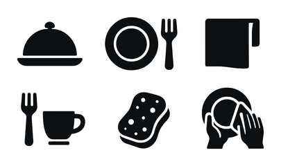 Kitchen cleaning and dinnerware silhouette icons set - dishware, utensils, housekeeping graphics
