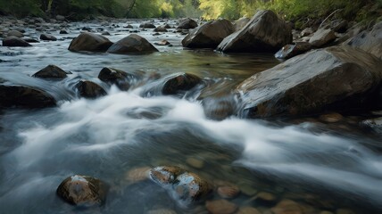  Serene stream flows over rocks in a lush natural landscape scene