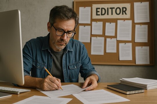 Focused editor reviewing documents.