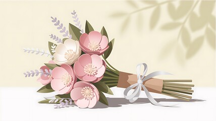 Bouquet of pink and white flowers tied with a white ribbon