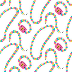 pattern of bracelets and beads made of candy from the 90s. Flat color texture. Wristwatches made of candy from the 2000s. Sugar pills. Sweet candies. Seamless on white. sweet and tender