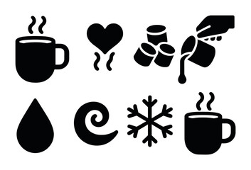 Cozy beverage silhouette icon set – filled, winter drinks and hot beverages graphics