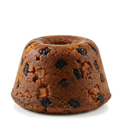 Close up of a christmas pudding with dried fruit on a white background in a studio shot view