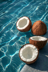 Coconuts halfs are floating in a pool of clear water.