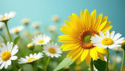 One bright yellow sunflower amongst white daisies, happy, stand apart