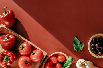 Modern photography composition with fresh vegetables. Fresh ingredients ready for cooking. Flat lay view from above.