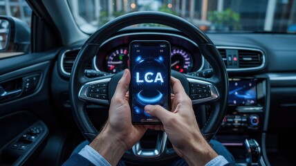 Interior view of a vehicle with person using a mobile device.