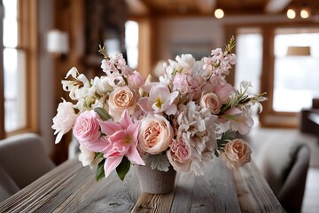 Obraz premium A rustic wooden table adorned with a delicate floral arrangement of roses, lilies, and peonies for a Mothera??s Day brunch setting, with soft lighting and a warm, inviting atmosphere.