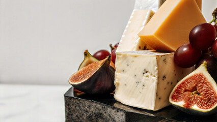 Cheese platter with organic cheeses, fruits, nuts. Midday appetizer bundle. Natural light close-up photo.