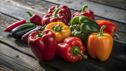 A vibrant assortment of bell peppers in a rainbow of colors artfully arranged on a charming rustic wooden surface