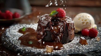 Melting Moments of Chocolate Indulgence: A Warm Lava Cake Flows with Rich Ganache, Crowned with Vanilla Ice Cream and Fresh Strawberries, a Perfect Dessert.