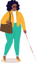 One Plus Size Visually Impaired Black Woman With Sun Glasses Walking With White Cane.