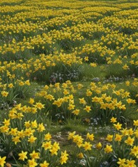 Obraz premium Bright daffodils carpet a verdant spring meadow, vibrant blossoms, vibrant, wallpaper, garden