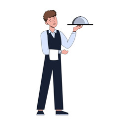 Flat vector illustration of smiling waiter holding a tray with cloche
