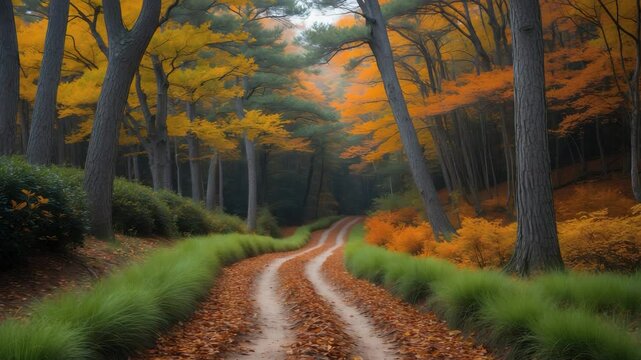 autumn forest hiking trail with vibrant colors