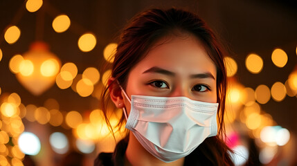 Young woman wearing a protective face mask with blurred festive lights in the background emulating a warm evening vibe.