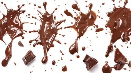 Fototapeta premium The Anatomy of a Chocolate Splash: A Detailed Study in Brown, Capturing Various Stages and Forms of Liquid Chocolate Impacting and Creating Unique, Appetizing Shapes.
