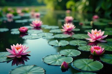 Water lilies and other blooms create a floral pattern across a lake, asset, nature, green