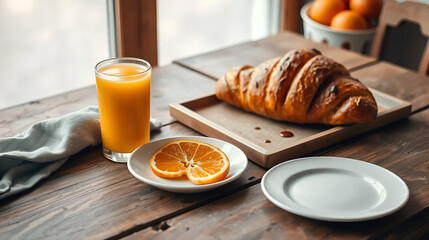 On a rustic table, caff orange juice and a brioche are elegantly placed, representing a healthy breakfast idea