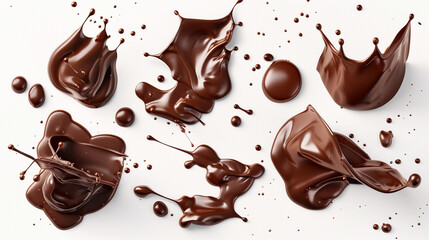 The Anatomy of a Chocolate Splash: A Detailed Study in Brown, Capturing Various Stages and Forms of Liquid Chocolate Impacting and Creating Unique, Appetizing Shapes.