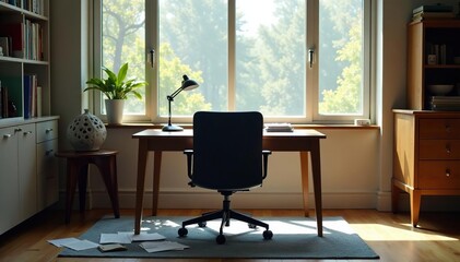 Empty chair at desk facing window, papers scattered, comfortable, window, alone