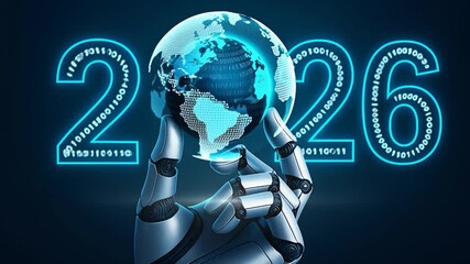Futuristic Robotic Hand Holding Digital Globe with 2026 Text in Background Representing AI Technology and Global Future
- Powered by Adobe