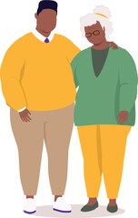 Plus Size Black Elderly Mother And Adult Son Standing Together With Arms Around.