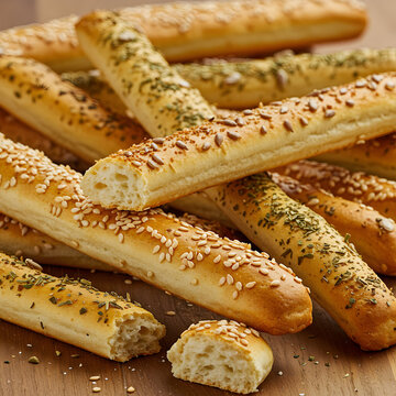 Close up of a pile of breadsticks topped with sesame seeds herbs and sunflower seeds on a wood surface