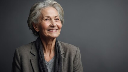 A gracefully aging woman, her warm smile radiating wisdom and experience, stands out against a muted gray background