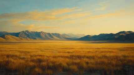 Obraz premium Golden Grassland Beneath Majestic Mountain Range