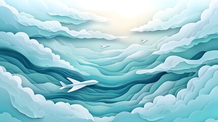Obraz premium Tranquil Sky Above Serene Waves with Paper Cut Style Airplane