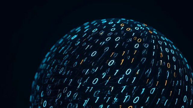 Abstract Binary Sphere with Floating 0 and 1 Digits on Dark Background Representing Data Flow, Coding, and Digital Technology

